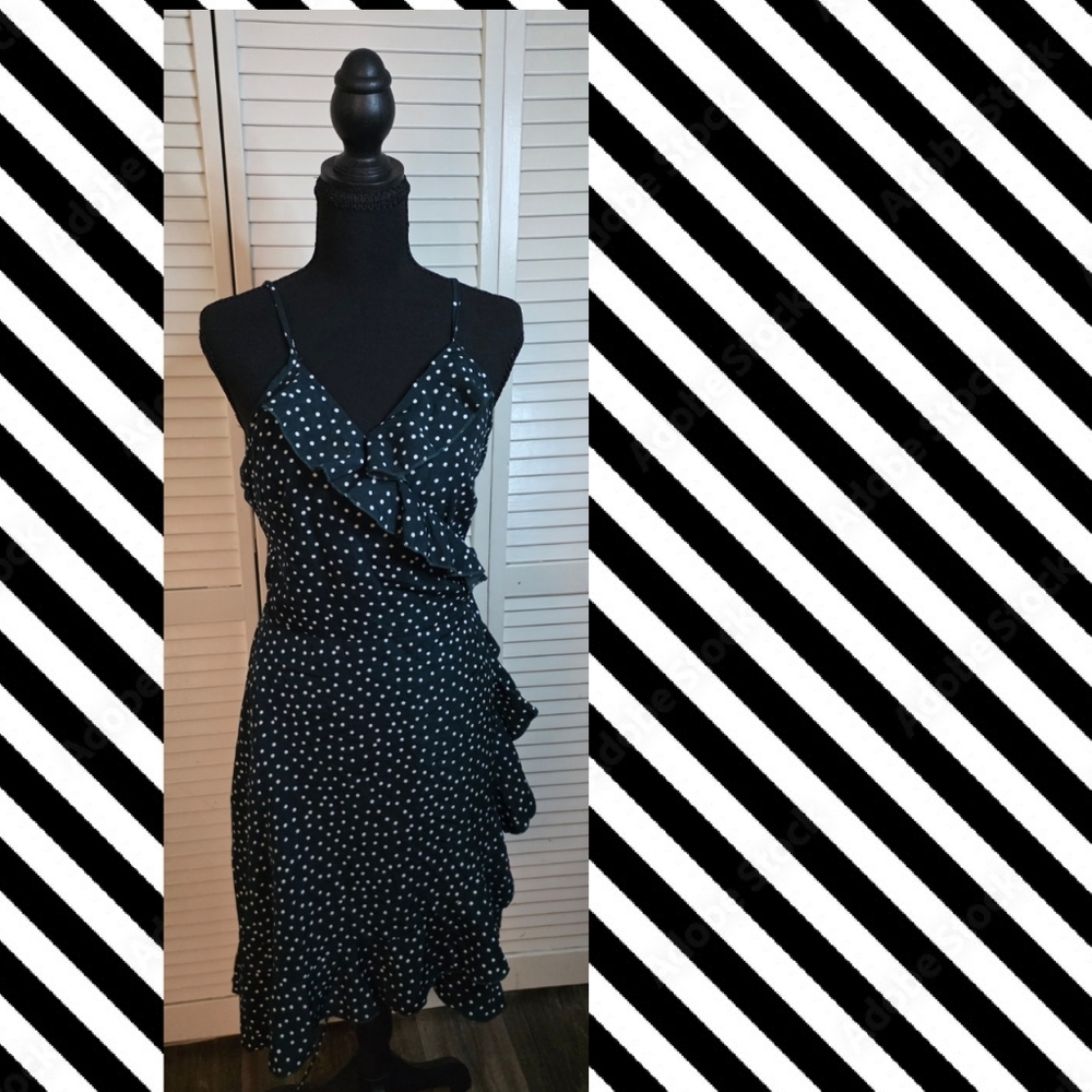 Polka Dot Ruffle Slip Dress - Black